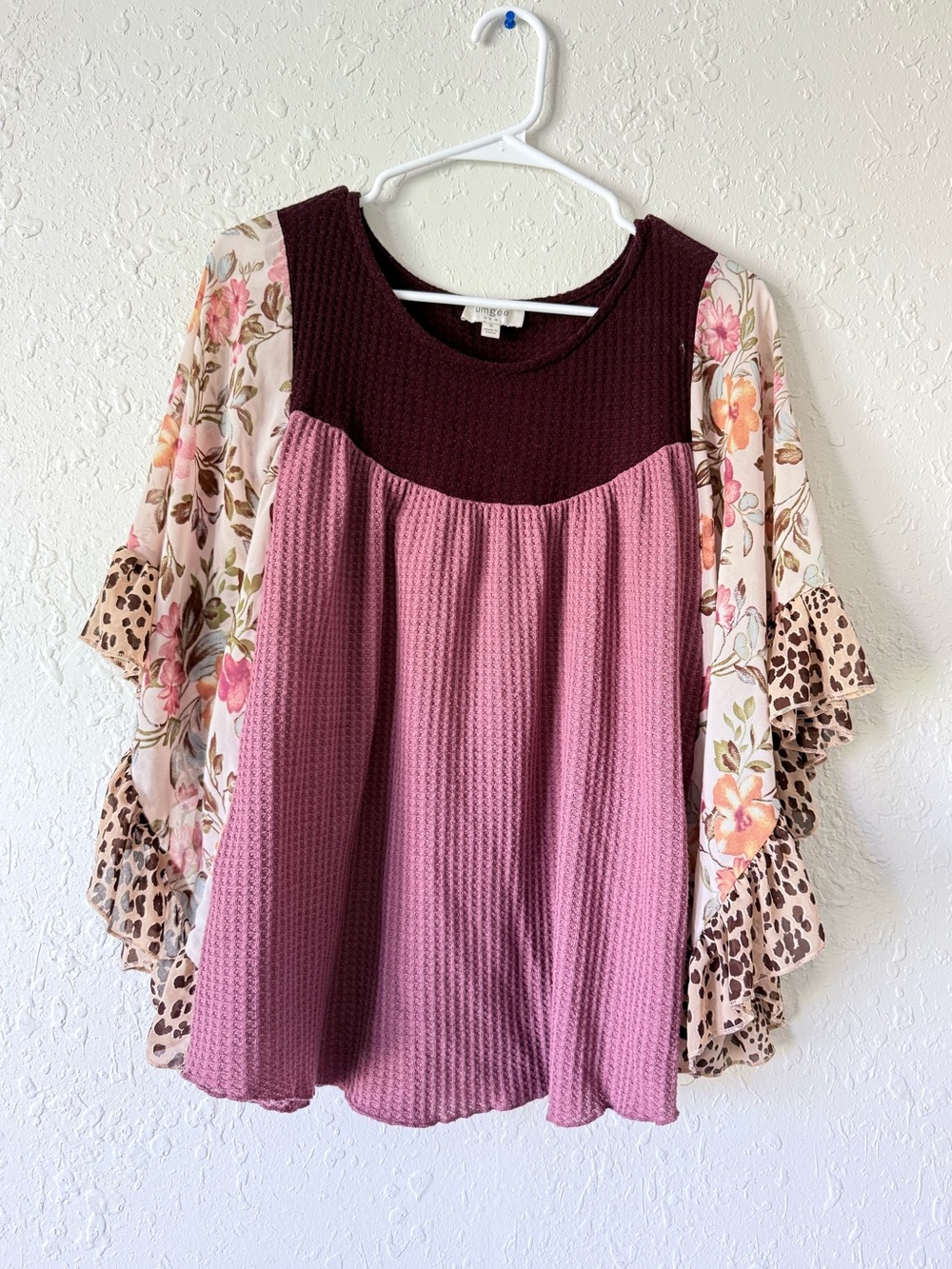 Umgee Boho Waffle Knit Floral Leopard Color Block Ruffle Sleeve Top Small